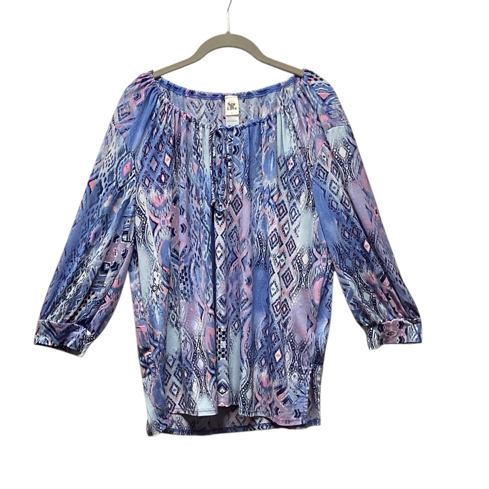 Sew in Love boho peasant blouse multi blue and pink geometric print. Size Large